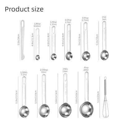 11-Piece Stainless Steel Measuring Spoons Set with Mini Whisk & Measuring Cup – Extra 4 tsp & 2/3 tbsp – Dry & Liquid Ingredients