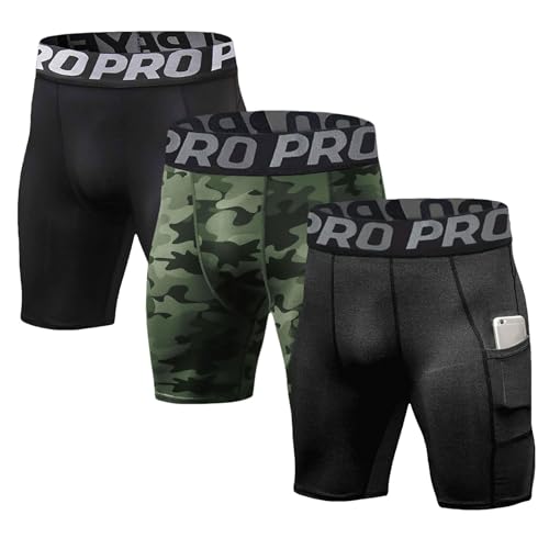 LANBAOSI Mens Compression Shorts with Phone Pocket Running Gym Yoga Athletic Tights Baselayer Summer Cool Dry Underwear Pack - color: Black+camo Green+dark Grey, size: Medium