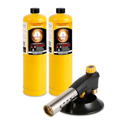 BLAZEAL Propane Torch Kit with 2x MAPP Gas,4-Flame Blow Torch Head with Propane Tank Base for MAP Gas,Work in All Angle,Trigger Start Torch Gun for Welding Brazing Soldering Grill Camping Cooking Food