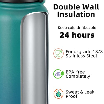 Fanhaw 40oz Kids Stainless Steel Water Bottle with Straw Lid, Green Blue - color: Green Blue, style: 40 Ounces