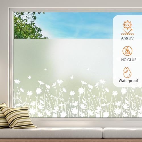 Bloss Window Privacy Film Pure White Flowers Pattern Glass Window Film,Sun Blocking Window Film,Day and Night Privacy Heat Blocking Non-Adhesive Window Tint for Home Office 17.5 x 157.5inches - color: Flower, size: 17.5" x 157.5"