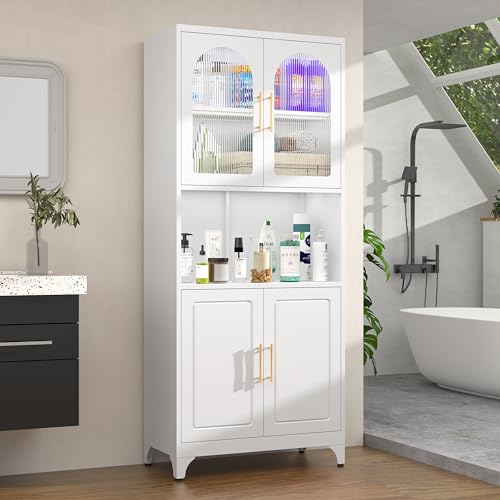 Metal Kitchen Pantry Storage Cabinet，75" Tall Storage Cabinets with 4 Doors and Adjustable Shelves ，White Hutch Cabinet with Microwave Stand,Large Kitchen Cupboard for Dining Room