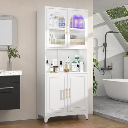 Metal Kitchen Pantry Storage Cabinet，75" Tall Storage Cabinets with 4 Doors and Adjustable Shelves ，White Hutch Cabinet with Microwave Stand,Large Kitchen Cupboard for Dining Room