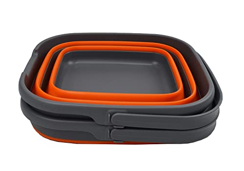 SAMMART Set of 2-10L (2.6 Gallon) Collapsible Plastic Rectangular Bucket - Portable Fishing Bucket - Foldable Tub with Handle - Pop up Saving (Grey/Orange (Set of 2)) - color: Grey/Orange (Set of 2)