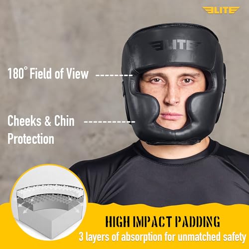 Elite Sports Boxing Headgear Men, Boxing Head Guard Sparring Gear, MMA Headgear Kickboxing Muay Thai Training Helmet, Protective Fighting Gear, Adjustable Face Protection - color: Black