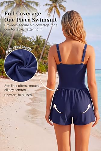 Smismivo Women's Tummy Control One Piece Swim Romper V Neck Swimsuit - color: Navy Blue, size: Medium