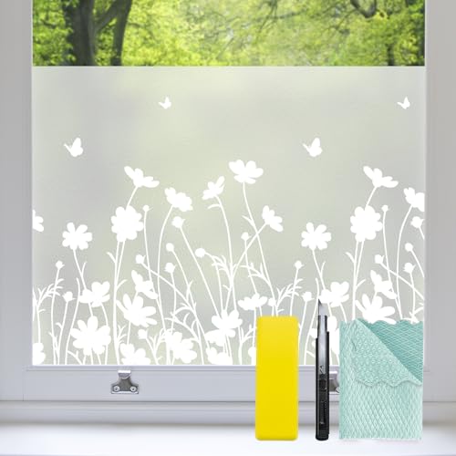 Bloss Frosted Window Privacy Film,White Flowers Pattern Bathroom Decorative Glass Window Film,Spring Windows Clings Day and Night Privacy Sun Heat Blocking Non-Adhesive Window Tint 23.6 x 157.5inches - color: Flower, size: 23.6" X 157.5"