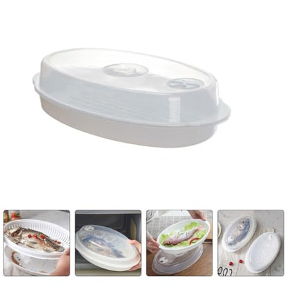 Microwave Steamed Fish Plate with Lid Food Steamer Tray for Microwave Oven Fast Heat Transfer Steamer Dish Moisture Locking Steaming Cookware Style