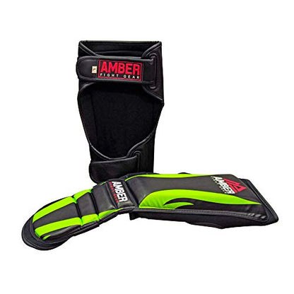 Ultimate Shield Muay Thai Shin & Instep Guards, 100% Hi-Tec Skintex Leather, High-Density Foam Padding, Three-Foot Straps, Rubber Traction Dots, Ideal for Kickboxing Training
