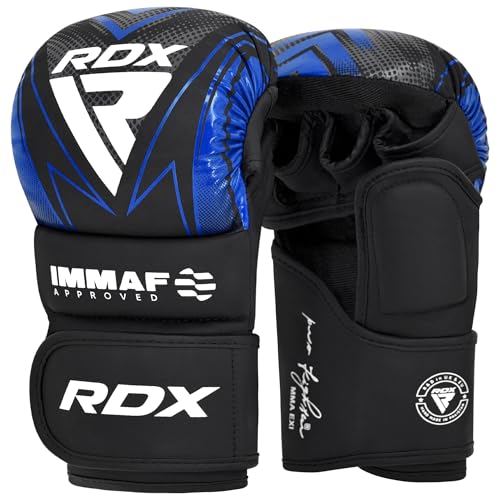 RDX IMMAF Approved Sparring Grappling Gloves, Professional Grade Hybrid Design for Competition Level and Training, Ventilated Open Palm, Adjustable Wrist Straps, Martial Arts Muay Thai, Men Women - color: Blue, size: Small