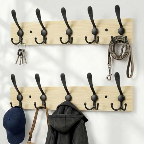 Wooden Coat Rack Wall Mount Heavy Duty, 2 Pack Coat Hanger Wall Mount with 5 Triple Hooks for Clothes, Jacket, Hat, Keys, Space Saving Entryway Organizer for Mudroom (Natural Plate & Black Hooks) - color: Natural Plate & Black Hooks