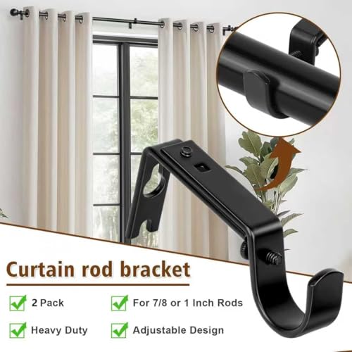 Heavy Duty Wall Mount Brackets - Adjustable Iron Curtain Rod Holders for 1" Rods, Complete Hardware Kit with Screws & Anchors (2 Pack)