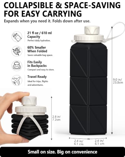 BEAUTAIL Collapsible Water Bottles 21oz/610mL, Silicone Travel Water Bottle | BPA Free, Leakproof & Reusable, Foldable Water Bottle for Traveling, Hiking, Gym, School, Sports, Outdoor, 1-Pack, Black - color: Black