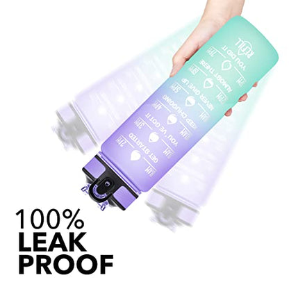 Hyeta Water Bottle with Straw & Time Marker, Plastic 32oz Leakproof - color: Light Purple Green
