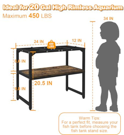 20 Gallon High Rimless Fish Tank Stand with Shelf for Storage, 2 Tiers Metal Aquarium Stand, Breeder Tank Turtle Reptile Terrariums Stand Rack for Home Office, 24" L x 12" W x 20.5" H, Black
