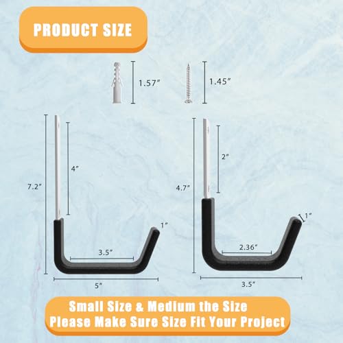 Heavy Duty Garage Utility Hooks, Wall Mount Ladder Hangers, 2S 2M | Large J-shaped hangers for bicycles, hoses and tools; zinc-coated steel, PVC padding, 50 lb capacity, indoor/outdoor use. - size: 2 Small & 2 Medium