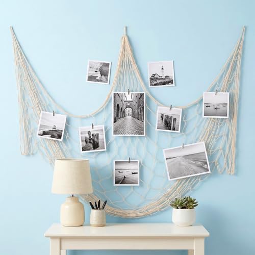 8 Pcs Fish Net Decorations for Party, 78.8" x 39.4" Large Cotton & Linen Fishnet, Nautical Hawaiian Beach Themed Fishing Net for Mermaid Pirate Under The Sea Birthday Decor, Wall Hanging Photo Display