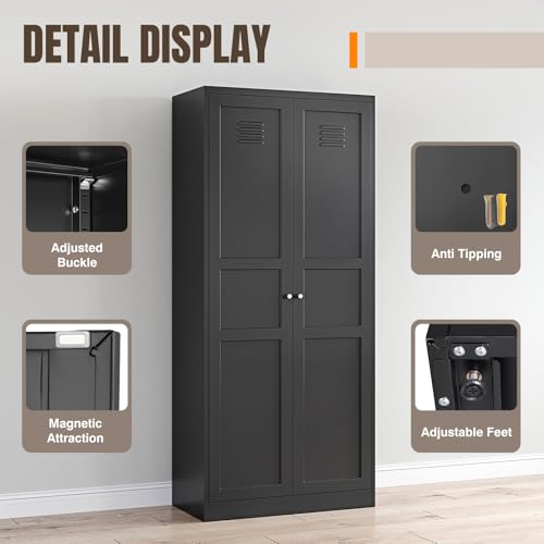 Metal Storage Cabinet with 2 Doors and 5 Adjustable Shelves - 71" Black Kitchen Pantry Storage Cabinet, 5-Tier Tall Steel Cabinet Locker for Kitchen, Living Room, Dining Room