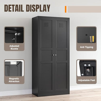 Metal Storage Cabinet with 2 Doors and 5 Adjustable Shelves - 71" Black Kitchen Pantry Storage Cabinet, 5-Tier Tall Steel Cabinet Locker for Kitchen, Living Room, Dining Room