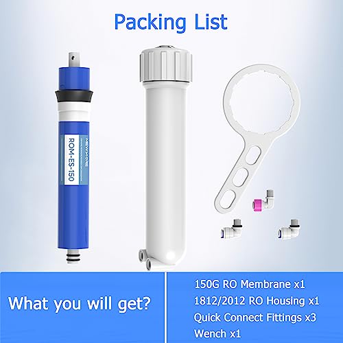 150 GPD RO Membrane Filter with Housing, Replacement Reverse Osmosis Membrane Fit Home Under Sink RO Drinking Water Filter Purifier Filtration System with Wrench, 1/4" Fitting, Check Valve
