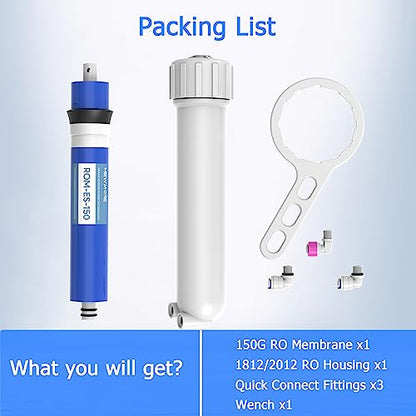 150 GPD RO Membrane Filter with Housing, Replacement Reverse Osmosis Membrane Fit Home Under Sink RO Drinking Water Filter Purifier Filtration System with Wrench, 1/4" Fitting, Check Valve