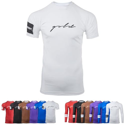 Gold BJJ Foundation Rash Guard - Ranked No-Gi and Gi Jiu Jitsu Rashguard - color: White (Short Sleeve), size: XX-Large