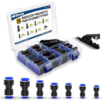 60PCS Quick Connect Reducer Fitting Kit 4 6 8 10 12 mm Reducing Push to Link Pneumatic Connector with 1PCS Tube Cutter