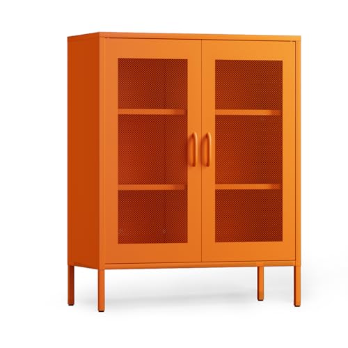 Metal Storage Cabinet, 3 Tiers Metal Cabinet with 2 Mesh Doors and Adjustable Shelves, Orange Cabinet for Bedroom Coffee Bar TV Stand Kitchen Buffet Sideboard, Orange 40''H - color: Orange