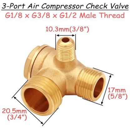 Solid Brass 3-Port Air Compressor Check Valve G1/8" x G3/8" x G1/2" Male Threaded Tube Connector Non-Return Valve