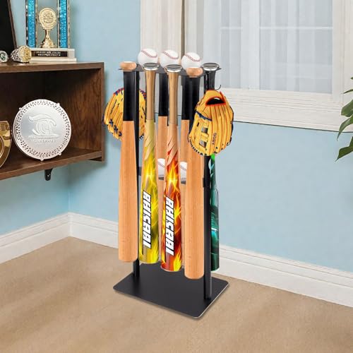 Baseball Bat Holder Stand, Free Standing Bat Rack Holds 8 Bats & 5 Balls | Sturdy metal rack, free standing design, holds 8 bats and 5 balls, 4 glove hooks, no drill storage for home and dugout