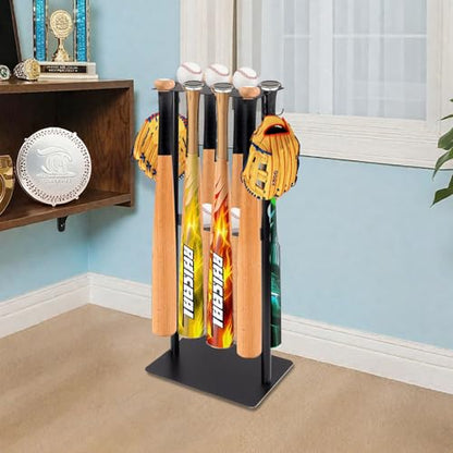 Baseball Bat Holder Stand, Free Standing Bat Rack Holds 8 Bats & 5 Balls | Sturdy metal rack, free standing design, holds 8 bats and 5 balls, 4 glove hooks, no drill storage for home and dugout