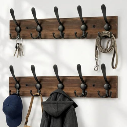 Wooden Coat Rack Wall Mount Heavy Duty, 2 Pack Coat Hanger Wall Mount with 5 Triple Hooks for Clothes, Jacket, Hat, Keys, Space Saving Entryway Organizer for Mudroom (‎Brown Plate & Black Hooks) - color: ‎Brown Plate & Black Hooks
