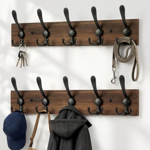 Wooden Coat Rack Wall Mount Heavy Duty, 2 Pack Coat Hanger Wall Mount with 5 Triple Hooks for Clothes, Jacket, Hat, Keys, Space Saving Entryway Organizer for Mudroom (‎Brown Plate & Black Hooks) - color: ‎Brown Plate & Black Hooks