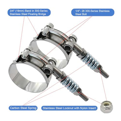 1.75" T Bolt Hose Clamp Spring Loaded Stainless Steel - Working Range 48mm - 56mm for 1.75" I.D. Hose with 2-5 mm Wall Thickness, auto-adjusting maintain Constant Clamping Force (48-56mm, 2 Pack) - size: 1.75" Hose Clamp 48mm - 56mm (1.89" - 2.20")