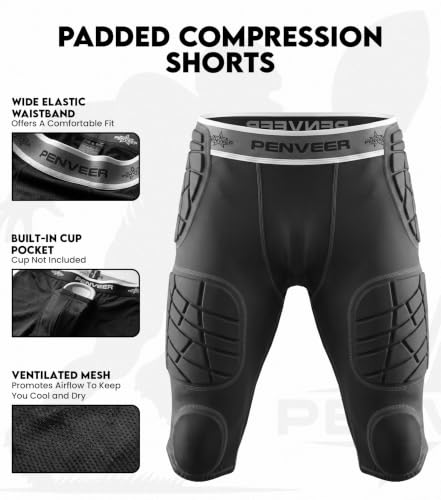 7 Pad Football Girdle Youth with Cup Pocket & Integrated Padding - color: Black, size: Small