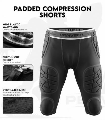 7 Pad Football Girdle Youth with Cup Pocket & Integrated Padding - color: Black, size: Small
