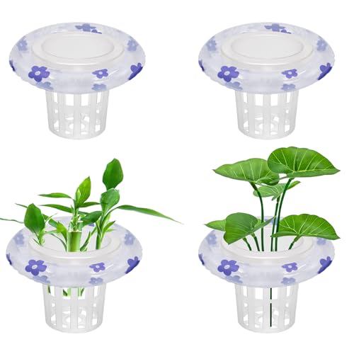 4 Sets Floating Aquarium Plant Holder, Translucent Plastic Fish Tank Basket with Floating Rings, Aquarium Hydroponic Basket for Live Plant Cultivation and Aquascape Decorations
