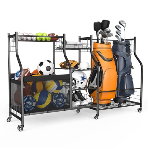 WALMANN Golf Bag Storage with Wheels, Rolling Sports Equipment Organizer | Large Capacity Garage Storage Cart for Balls, Golf Bags, Sports Gear - style: Rolling Stand for 2 Bags