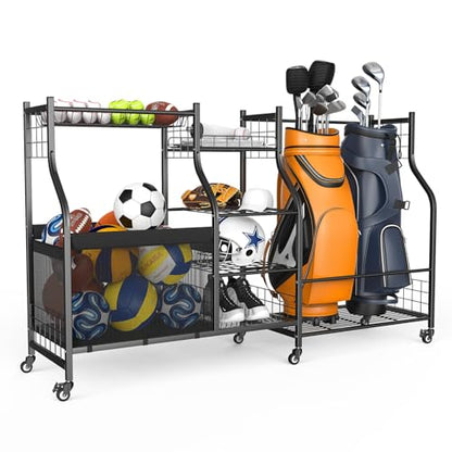 WALMANN Golf Bag Storage with Wheels, Rolling Sports Equipment Organizer | Large Capacity Garage Storage Cart for Balls, Golf Bags, Sports Gear - style: Rolling Stand for 2 Bags