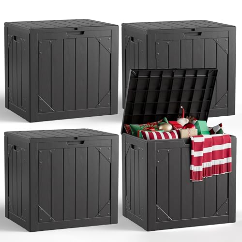 31 Gallon Outdoor Deck Box 4 Pack, Waterproof Resin Patio Storage Boxes with Lockable Lid, Small Outdoor Storage for Cushions, Accessories, Garden Tools, Indoor Outdoor Organizer, Black - color: Black, size: 31 Gallon-4Pack