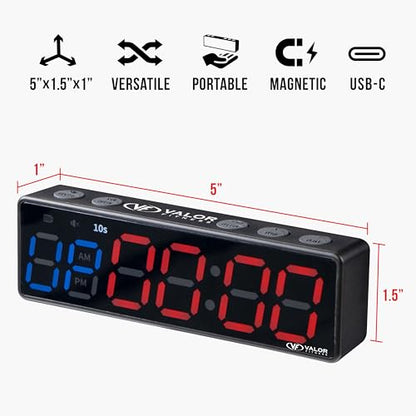Valor Fitness Magnetic Gym Timer Clock – 5 Inch LED Interval for HIIT, Tabata & EMOM Workouts, 11 Hour Rechargeable Battery, USB-C, Compact Digital Wall or Rack Mount Timer