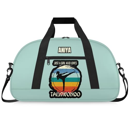 Custom Name Taekwondo Karate Duffle Bag for Kids Girls - Personalized Martial Arts Gear Bag, Water-Resistant Sparring Equipment Bag, Cyan, Polyester, 19.7 x 11 x 9.7 Inches - color: Taekwondo Cyan
