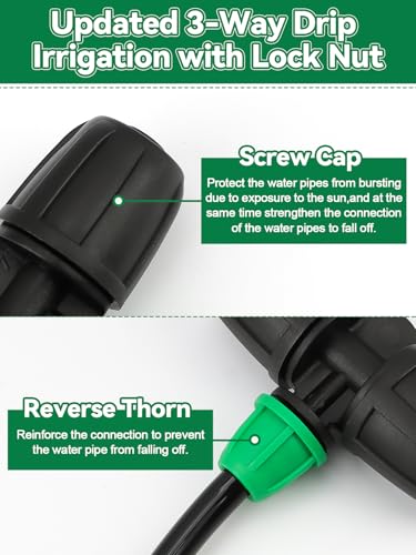 Kalolary 20PCS Locked Barbed Tee Connectors, 5/16" to 1/4" Drip Irrigation Fittings Kit 8/12mm to 4/7mm Tube Lock Female Connector 3-Way Barbed Lock Irrigation Parts for Watering System (Black Green)