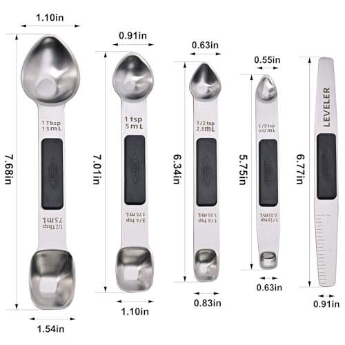 Magnetic Measuring Spoons,Stainless Steel Dual Sided Tablespoons,Extra Long Handle for Deep Jars,Heart-Shaped&Square Heads that More Easier to Excavate,Laser Markings,Non-Slip Grip(set of 5)