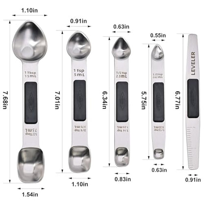 Magnetic Measuring Spoons,Stainless Steel Dual Sided Tablespoons,Extra Long Handle for Deep Jars,Heart-Shaped&Square Heads that More Easier to Excavate,Laser Markings,Non-Slip Grip(set of 5)
