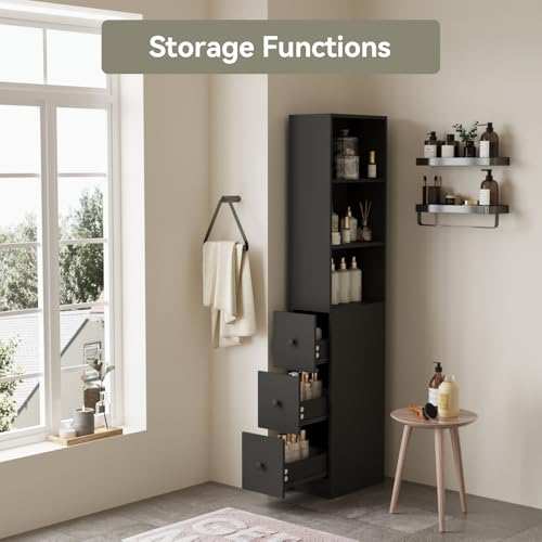 ARTETHYS Tall Narrow Free Standing Bathroom Storage Cabinet with 3-Level Adjustable Shelves Home - Space Saver for Living Room Kitchen - Classic Black - color: Black