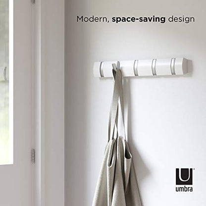 Umbra Flip Coat Rack, Wall Mounted 5-Hook Space Saving, White/Nickel - color: White/Nickel, size: 5 hook