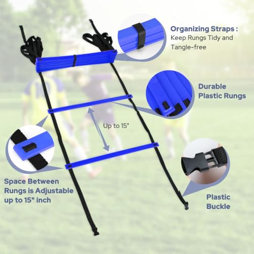 GHB Pro Agility Ladder Agility Training Ladder Speed 12 Rung 20ft with Carrying Bag - color: Blue-2 Pack