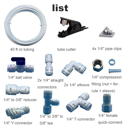 40FT Refrigerator Water Line Kit with 15 Push-to-Connect Fittings - 1/4" OD Food-Grade Tubing for Ice Maker, RO Systems & Faucets | Leak-Proof