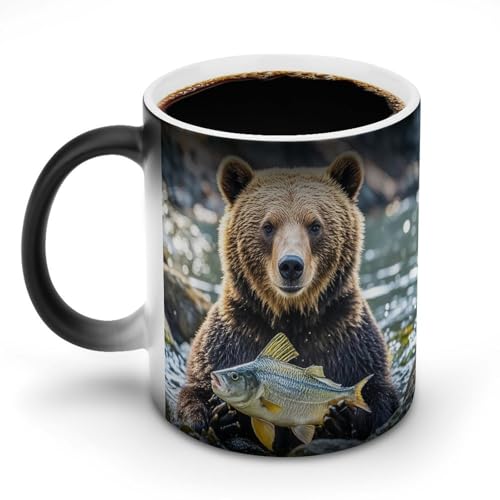 Color Changing Coffee Tea Bear Holding Fish Mug 11 Oz Heat Changing Ceramic Cup Novelty Black Heat Sensitive Mug Funny Morphing Milk Cup Personalized Gift for Men Women